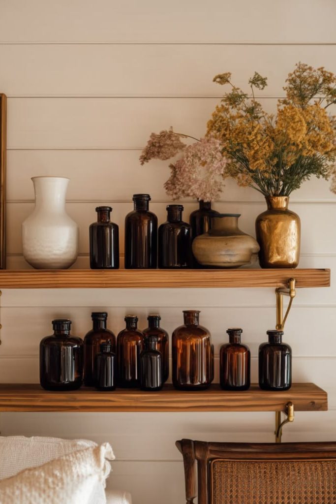 Vintage apothecary bottles shelf display.