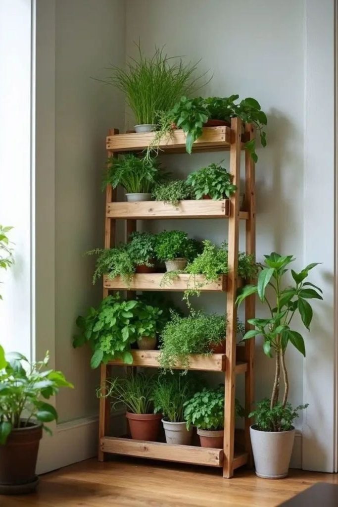 Vintage herb apothecary style plant shelf