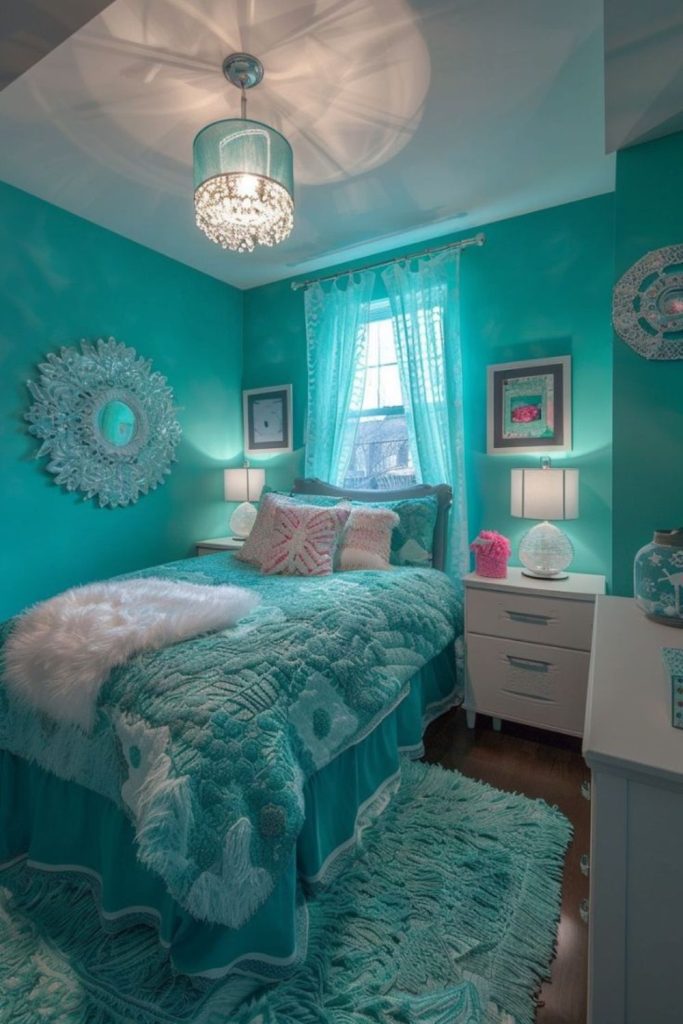 Aqua teen bedroom with bubble decor.