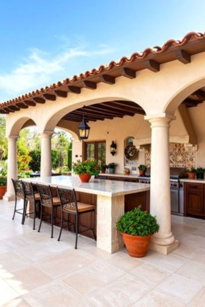 Arched villa garden outdoor kitchen setup.