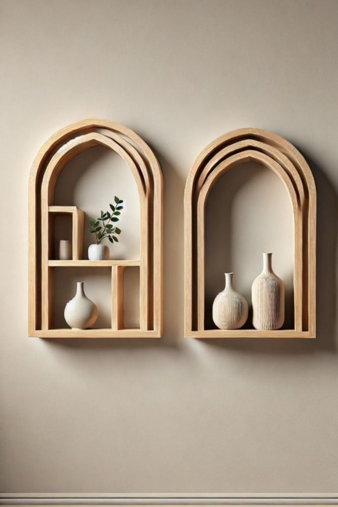 Arched statement shelf with décor.