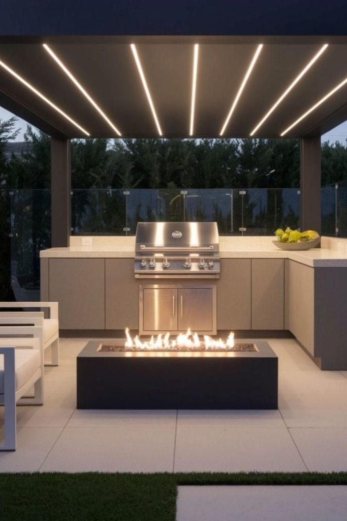 Arctic glass enclosed fire grill pavilion