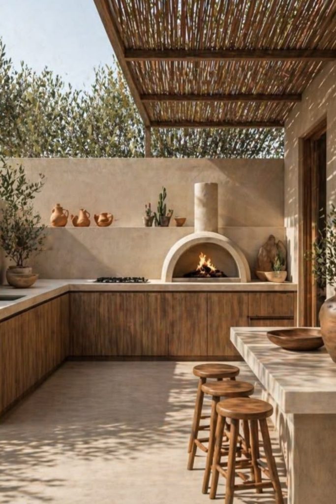 Artisan clay hearth outdoor grill courtyard