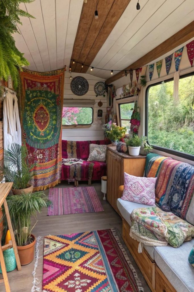 Artistic camper interior with handmade decor.