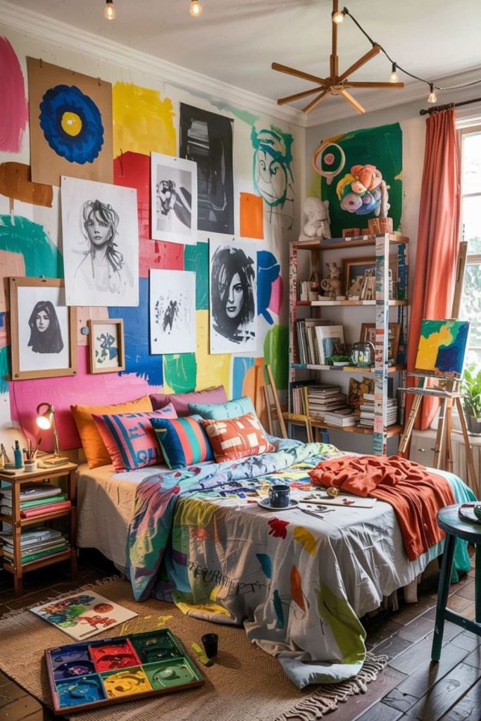 Creative art dorm with colorful canvases.
