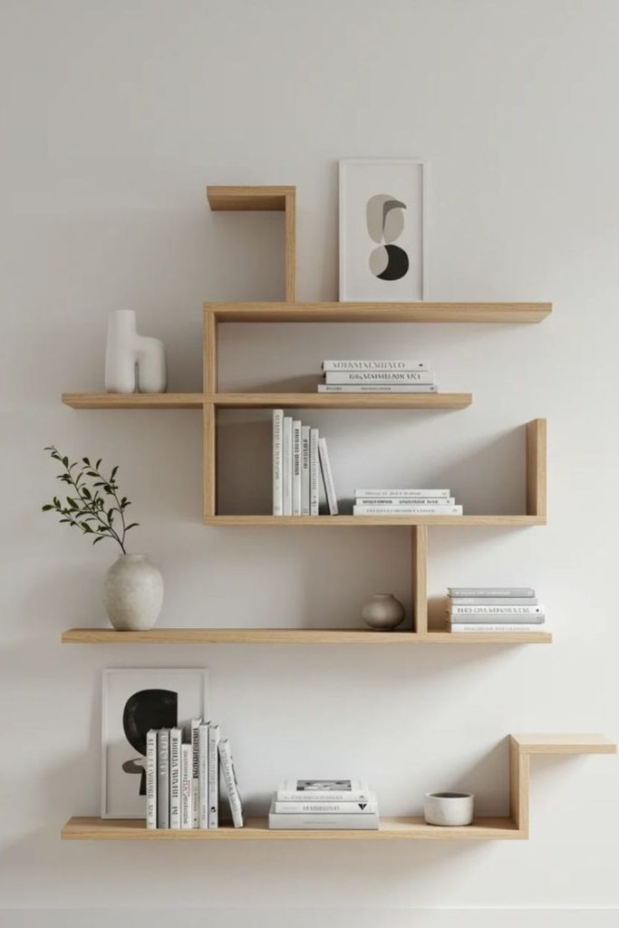 Asymmetrical modern shelf wall design.