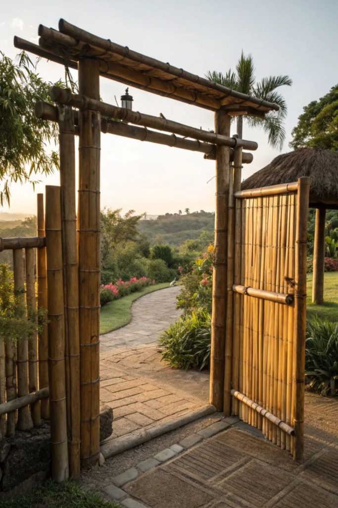 Natural bamboo rural farm entrance gate