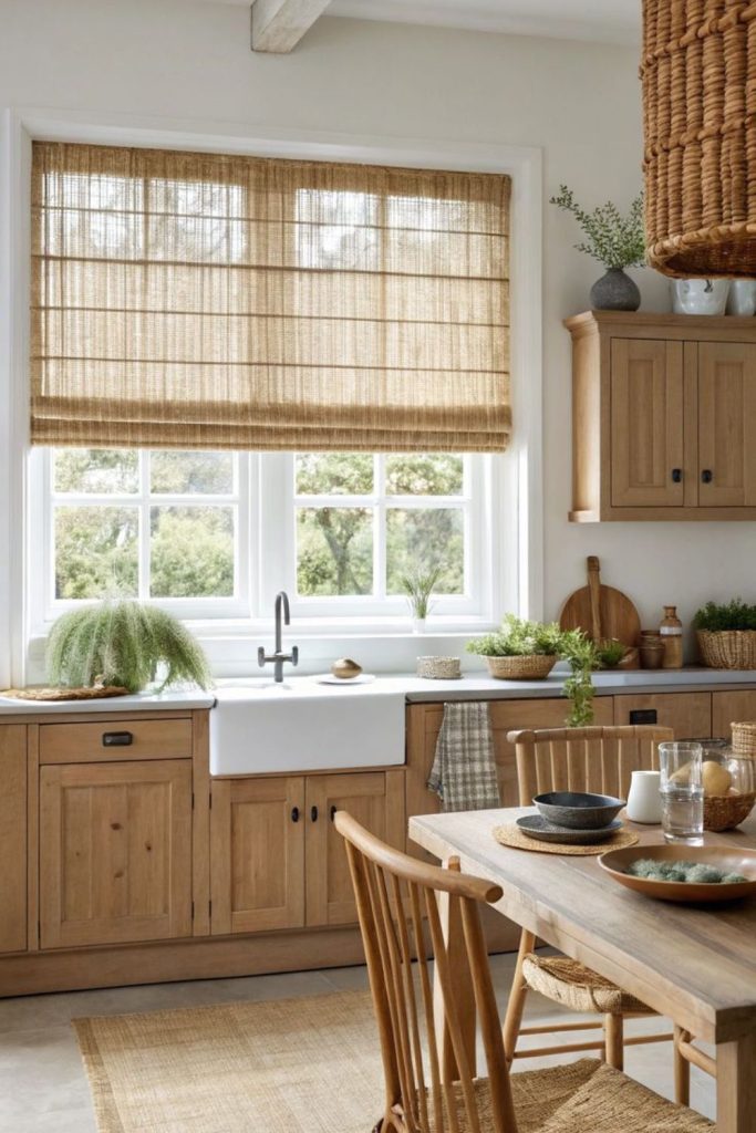 Bamboo roll up kitchen window shade natural look