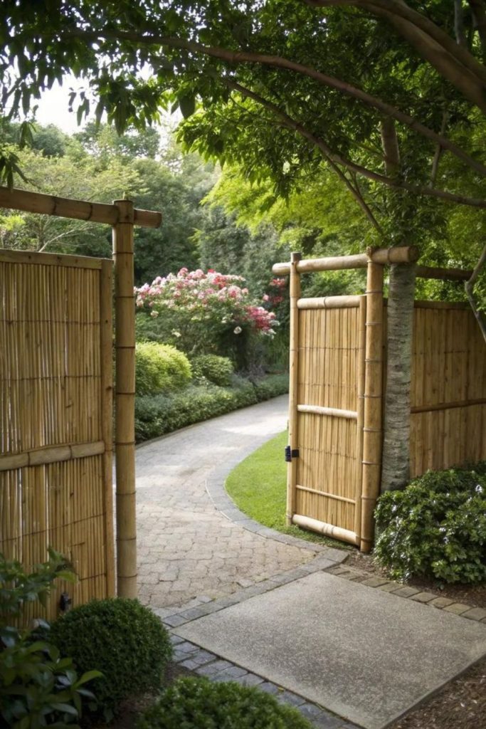 Bamboo zen style peaceful garden entrance gate