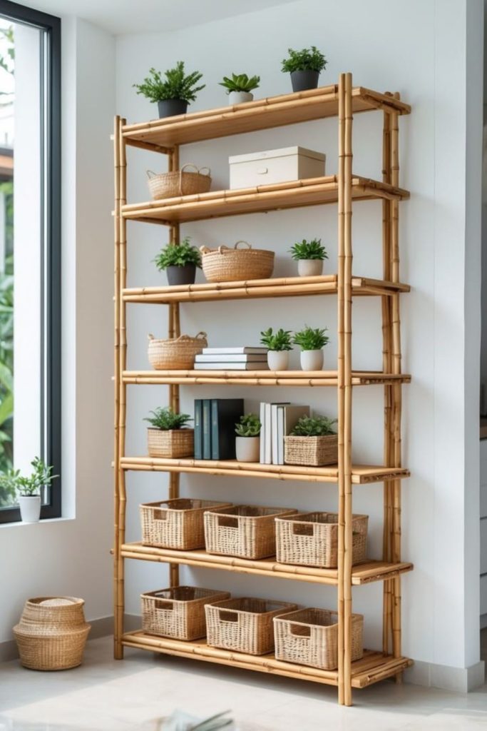 Bamboo plant stand with shelves.