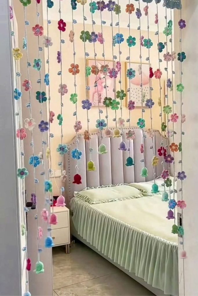 Beaded curtain bedroom with colorful accents.