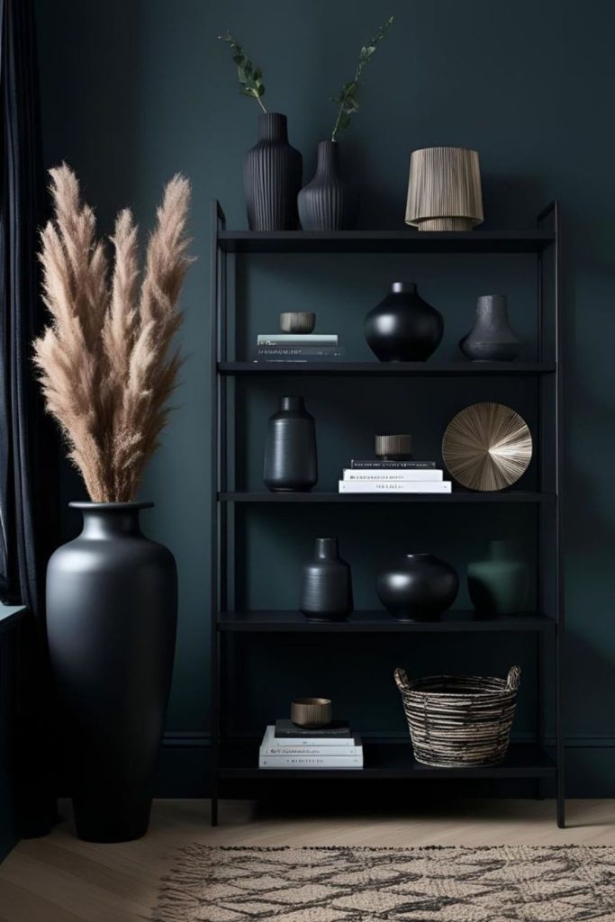 Bold black statement shelf decor.
