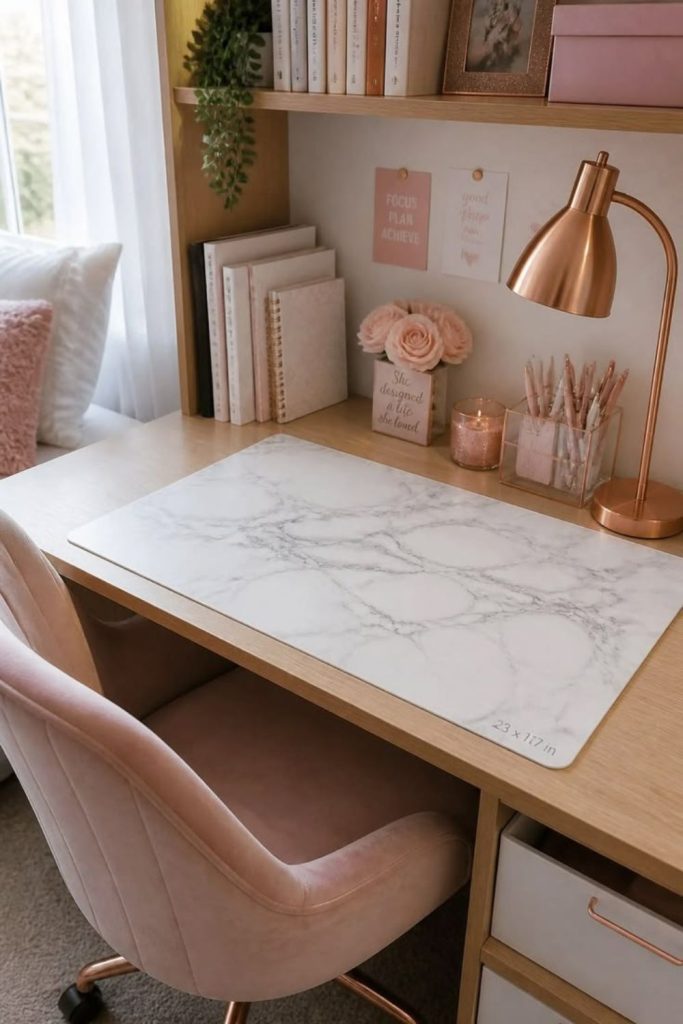 Blush pink cozy dorm study desk.