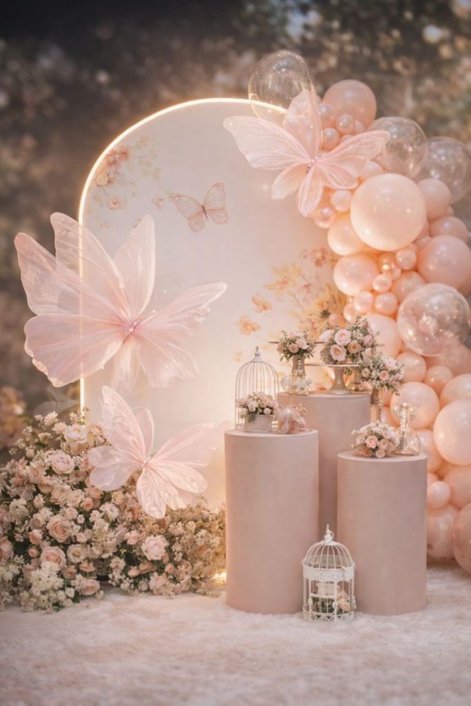 Blush floral garden baby shower display.