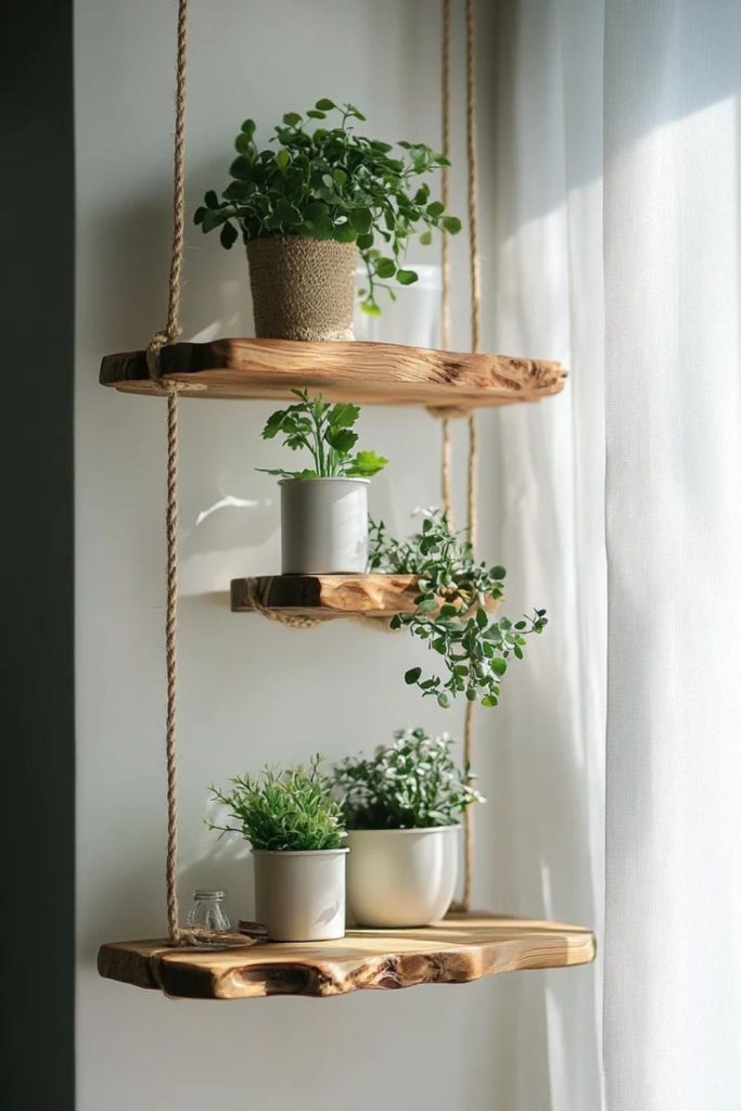 Swinging rope suspended plant shelf decor