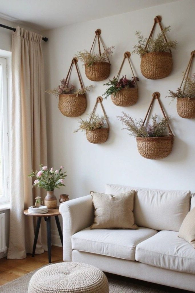 Woven basket wall plant storage shelf