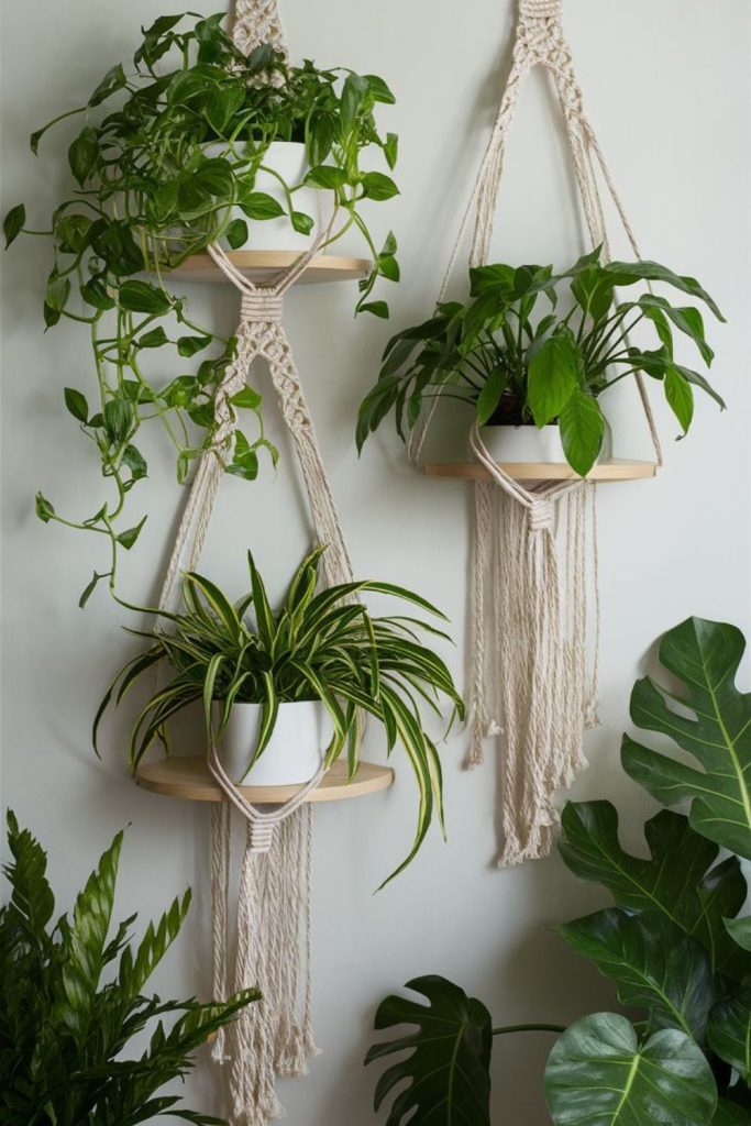 Hanging macrame rope plant shelf design