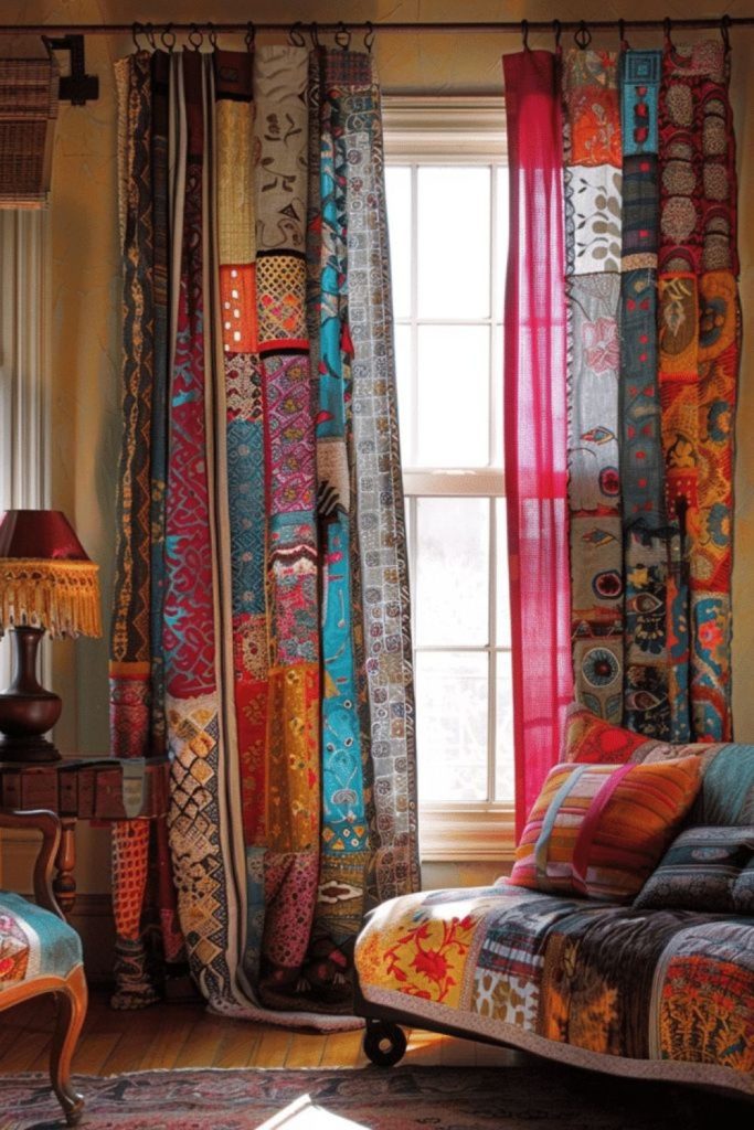 Colorful patchwork curtains artistic bohemian vibe