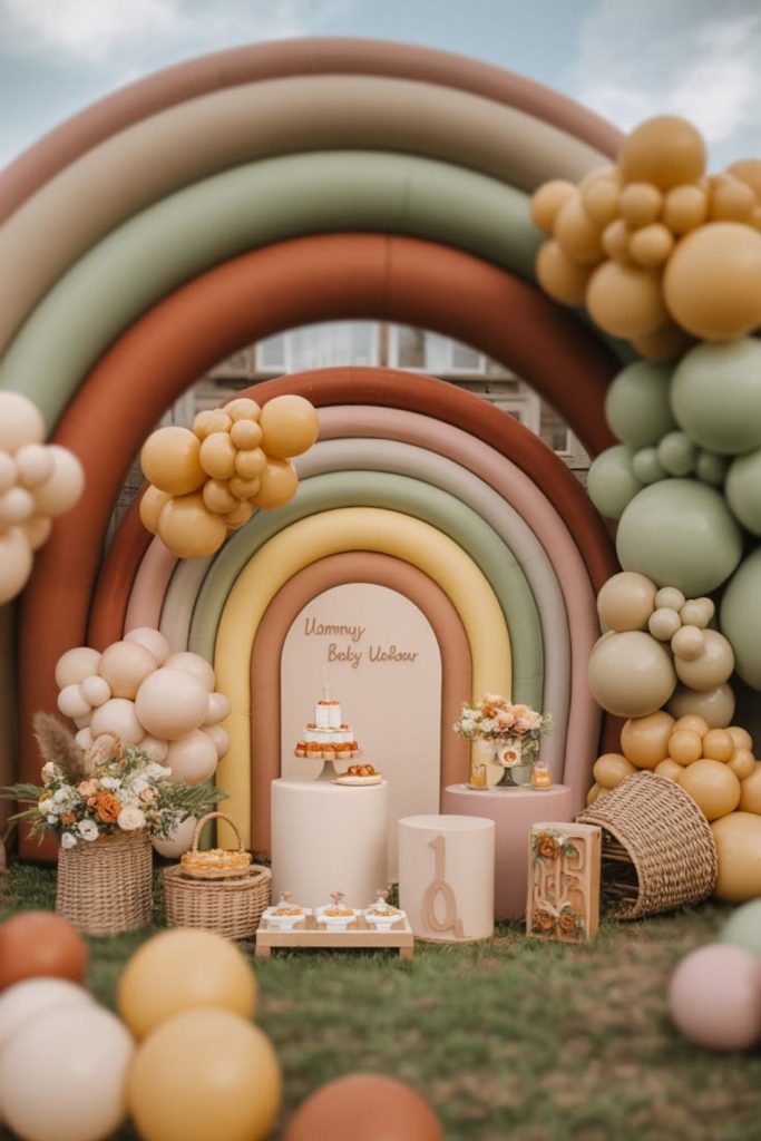 Boho rainbow baby shower decorations setup.