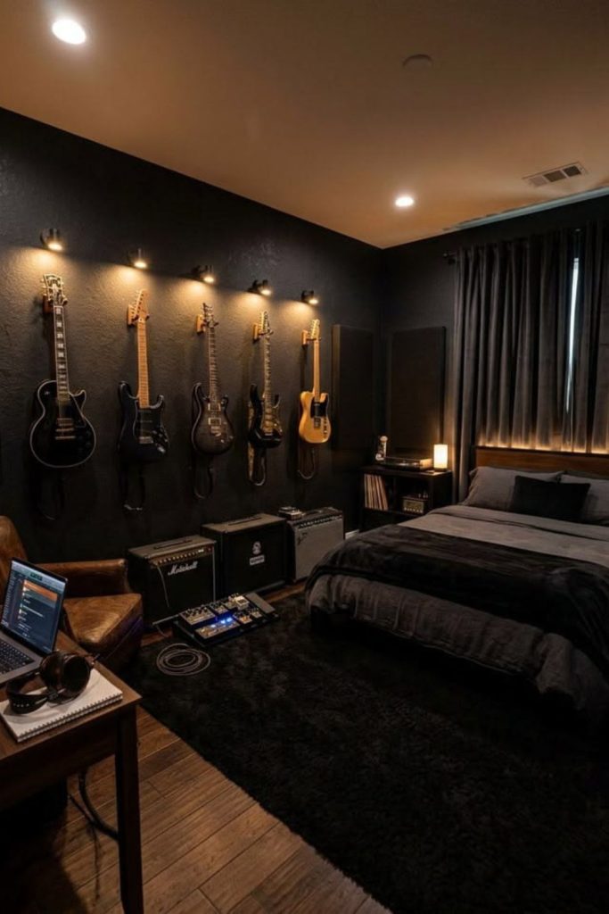 Modern black masculine bedroom with warmth.