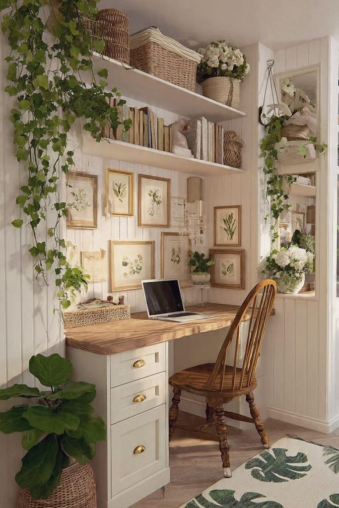 Green plant-filled aesthetic dorm workspace.