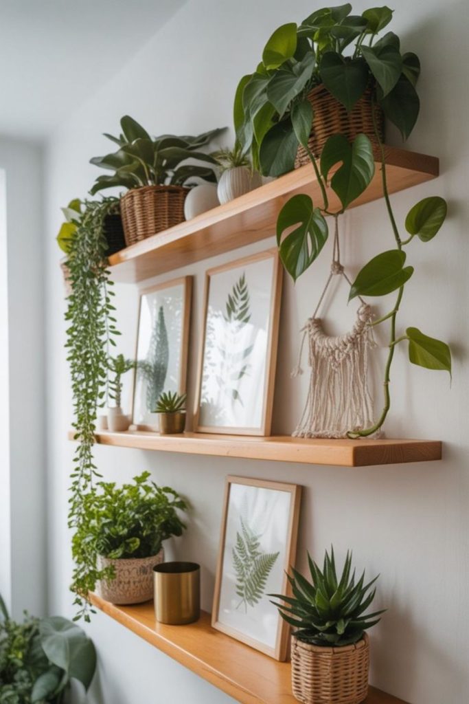 Lush botanical shelf decor arrangement.
