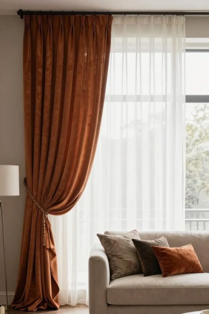 Metallic bronze drapes subtle luxury glow