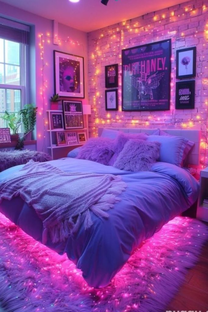 Pink Y2K bedroom with butterfly decor.
