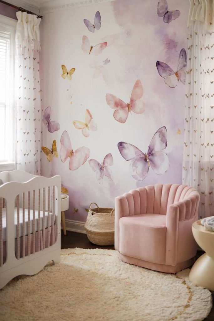 Butterfly wall display in lavender room.