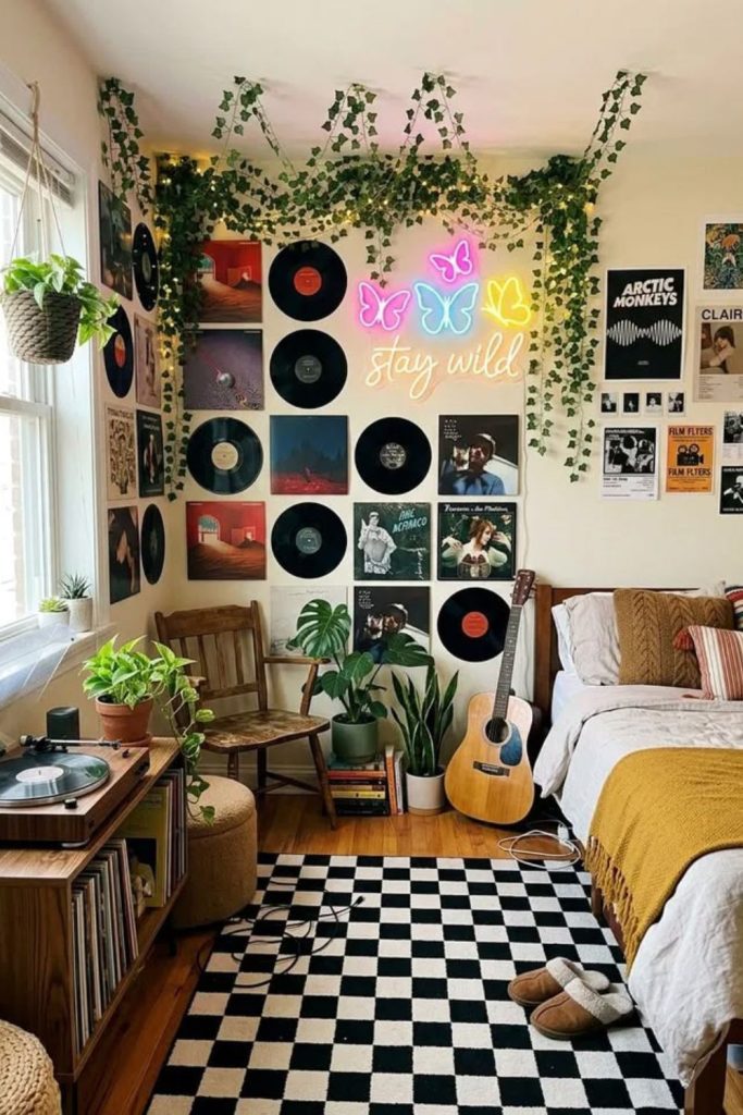 Music lover bedroom with CD displays.