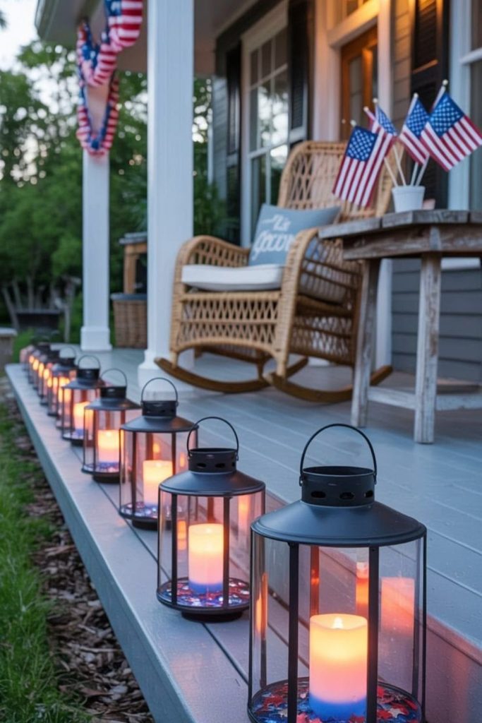 Candlelit porch walkway with flags and solemn patriotic ceremonial atmosphere