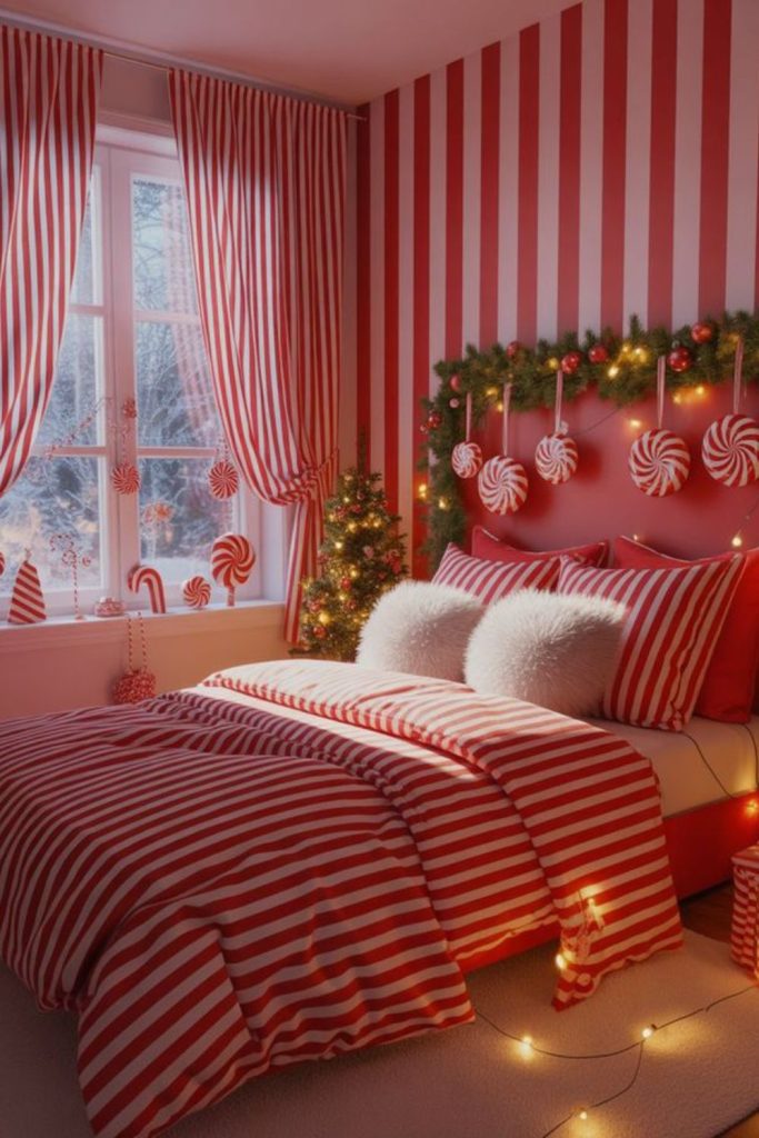Colorful striped bedroom with playful decor.