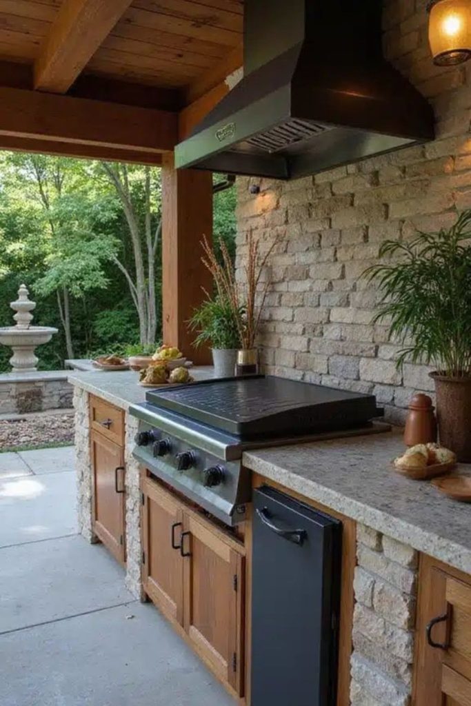 Cedar covered outdoor kitchen with stone counters.