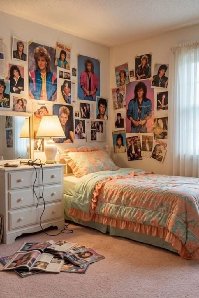 Celebrity poster-covered teen bedroom wall.