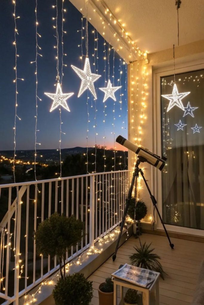 Celestial balloons beneath starry apartment lighting.