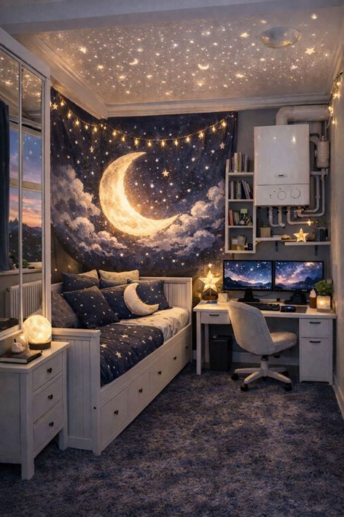 Celestial moon-themed dorm desk aesthetic.