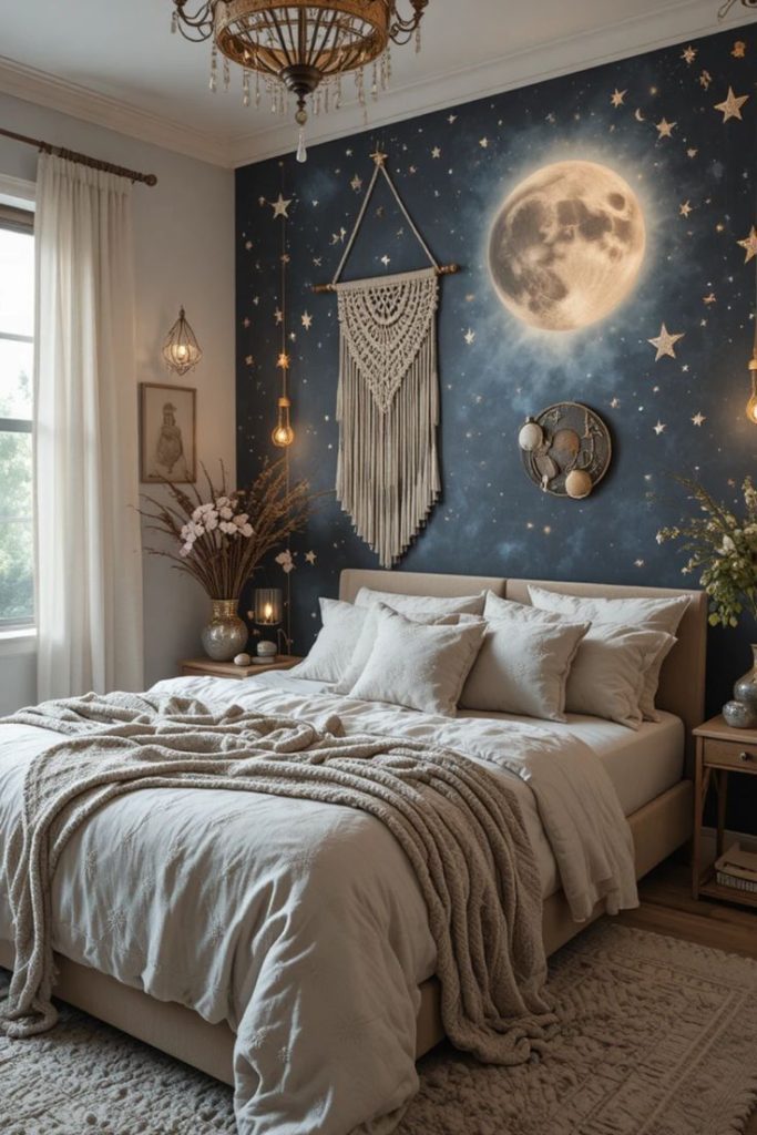 Moon-themed dorm with celestial decorations.