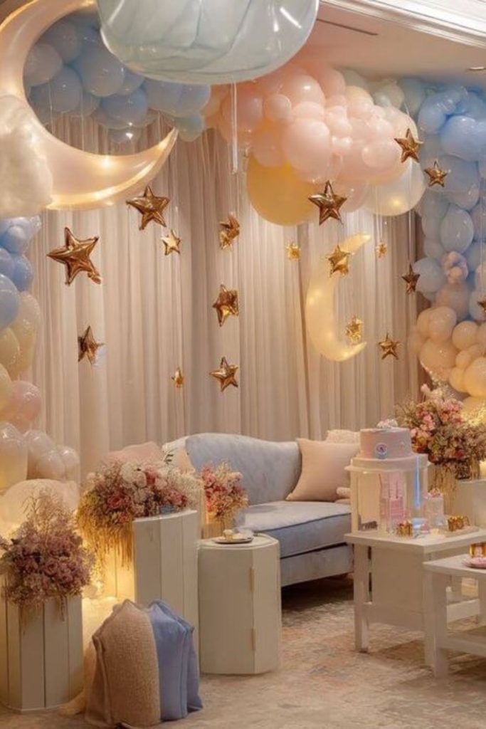 Celestial moon and stars shower decor.