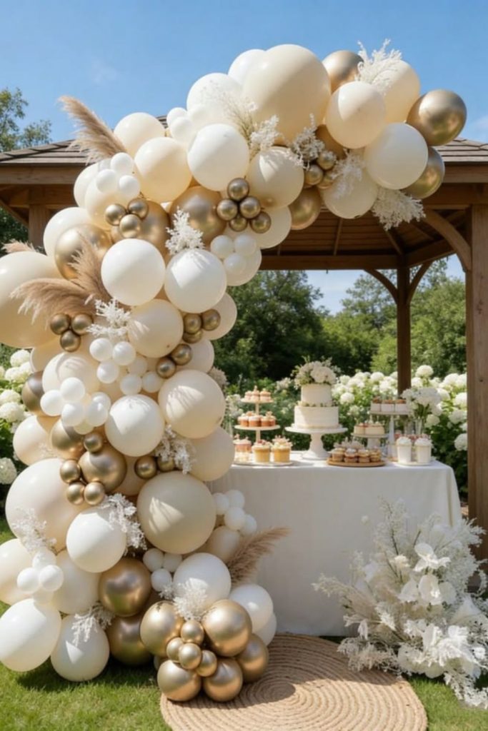 Champagne balloon baby shower party backdrop.