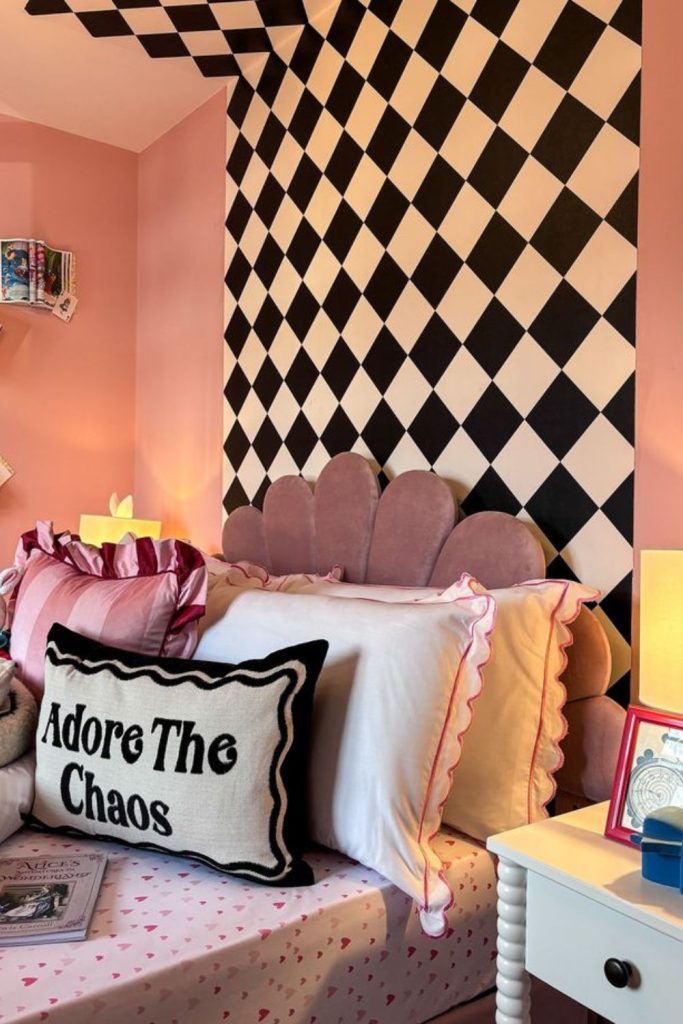 Checkerboard bedroom with bold patterns.