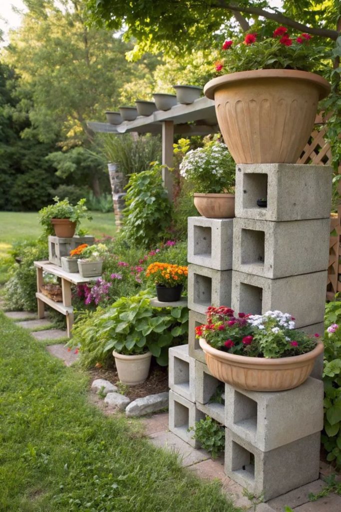 Industrial cinder block succulent plant stack