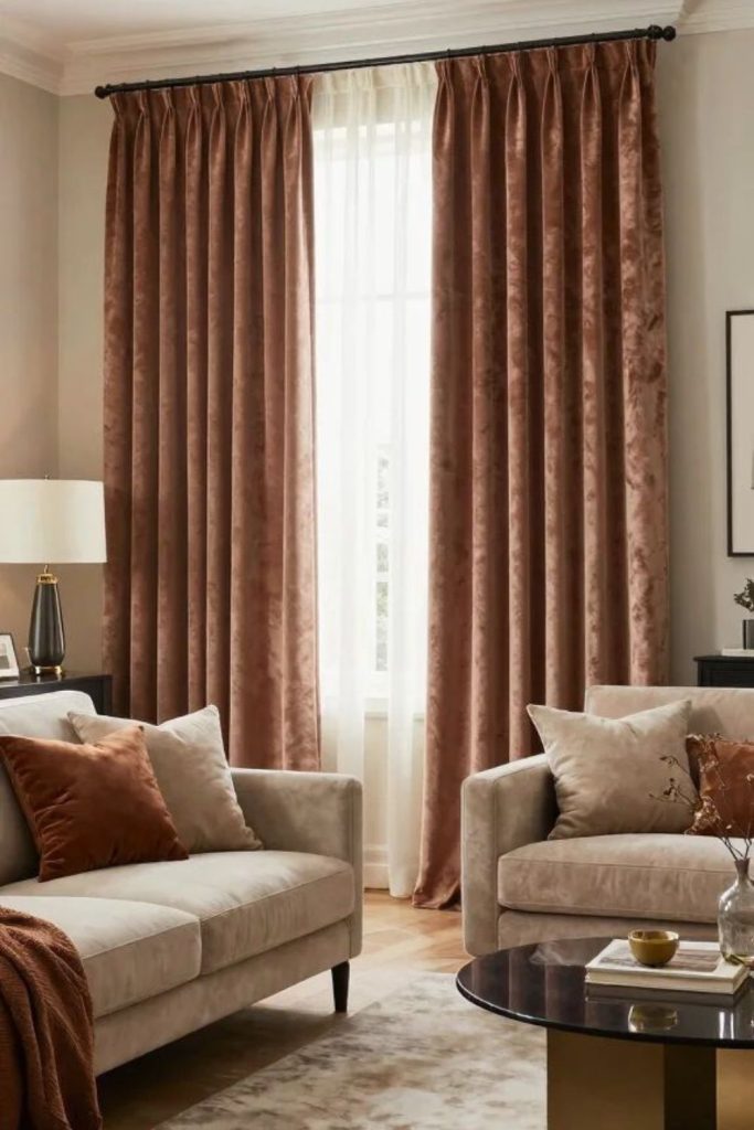 Warm brown drapes cozy inviting tone