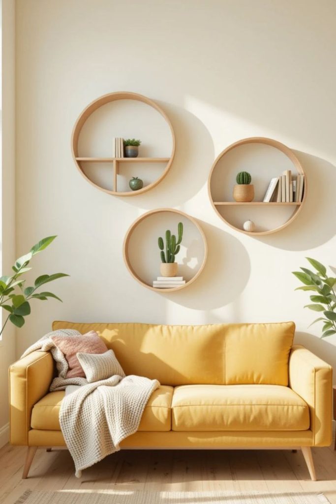 Circular halo shelf with ornaments.