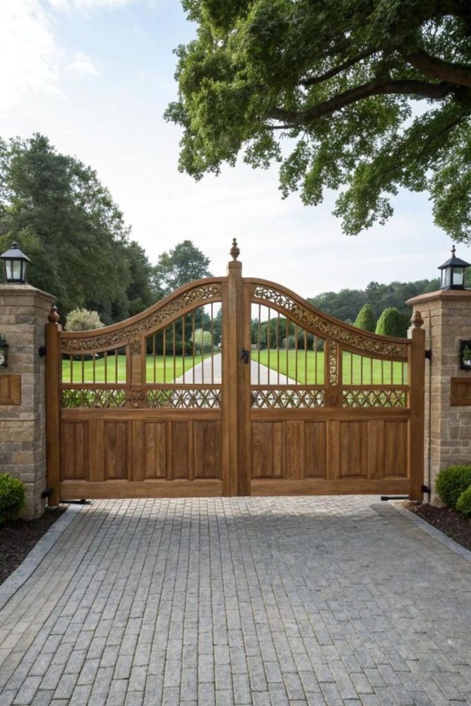 Traditional wooden double swing driveway entry gate