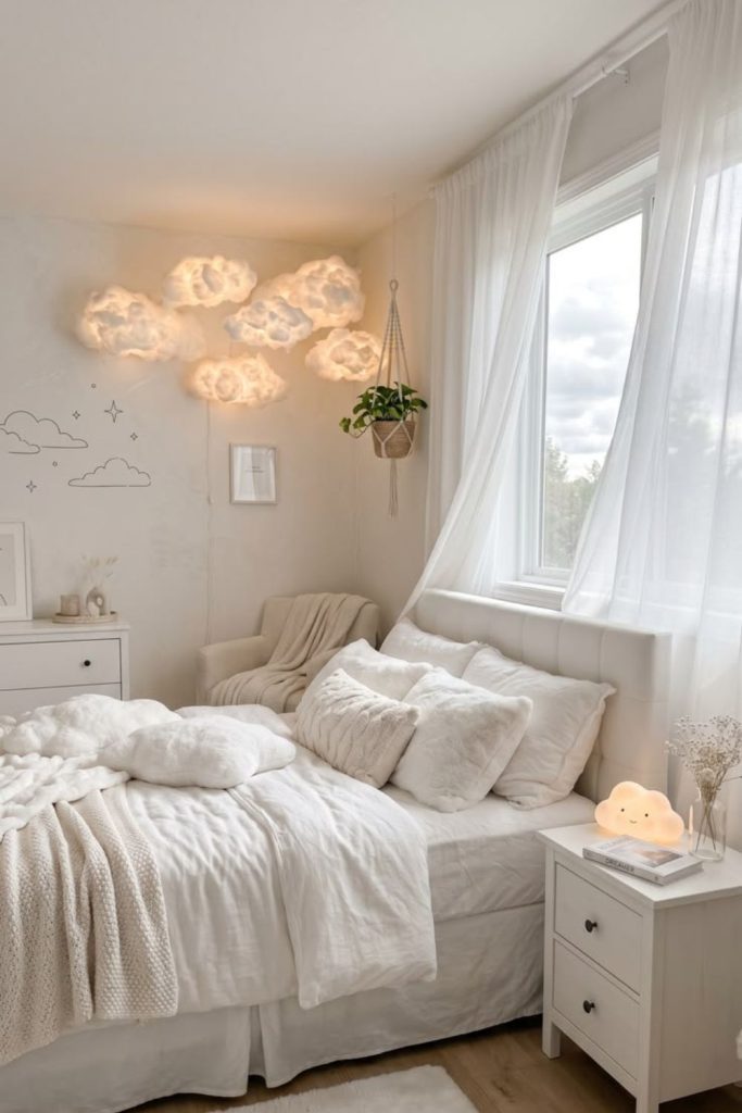 Minimalist white dorm with clean aesthetic.