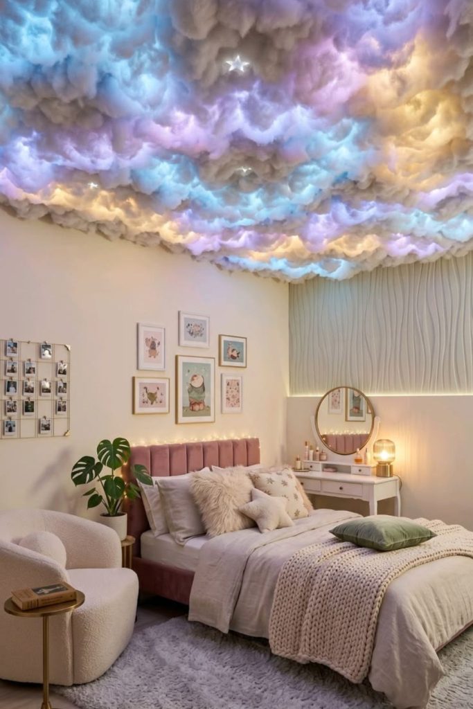 Cloud cushions with dreamy sky décor.