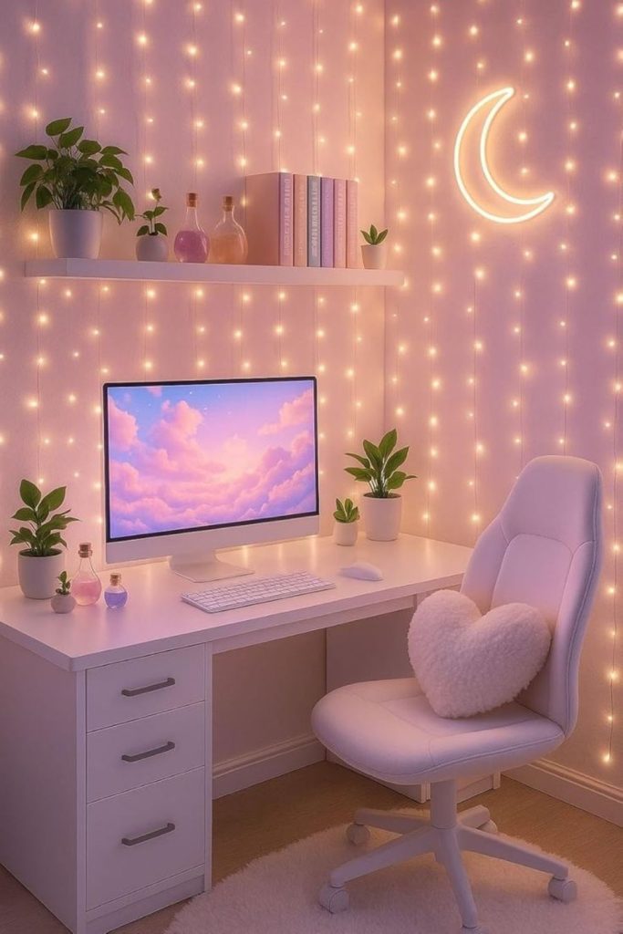 White acrylic clean dorm desk setup.