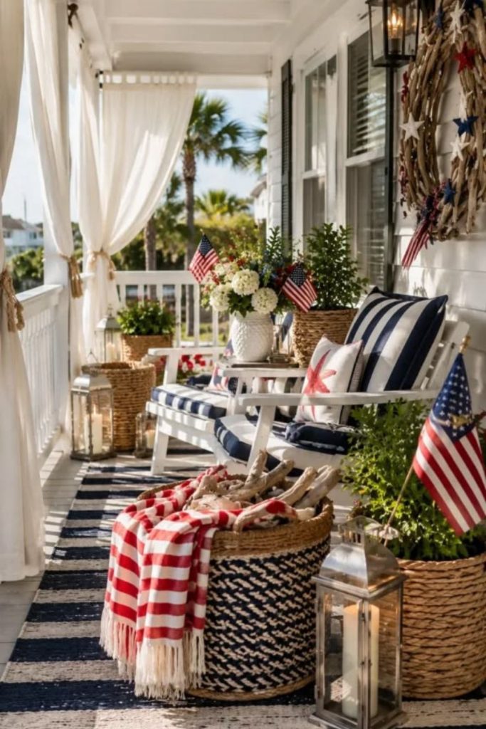 Beach inspired porch with patriotic coastal tones