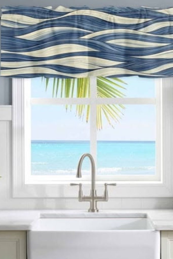 Coastal blue kitchen curtains ocean wave style