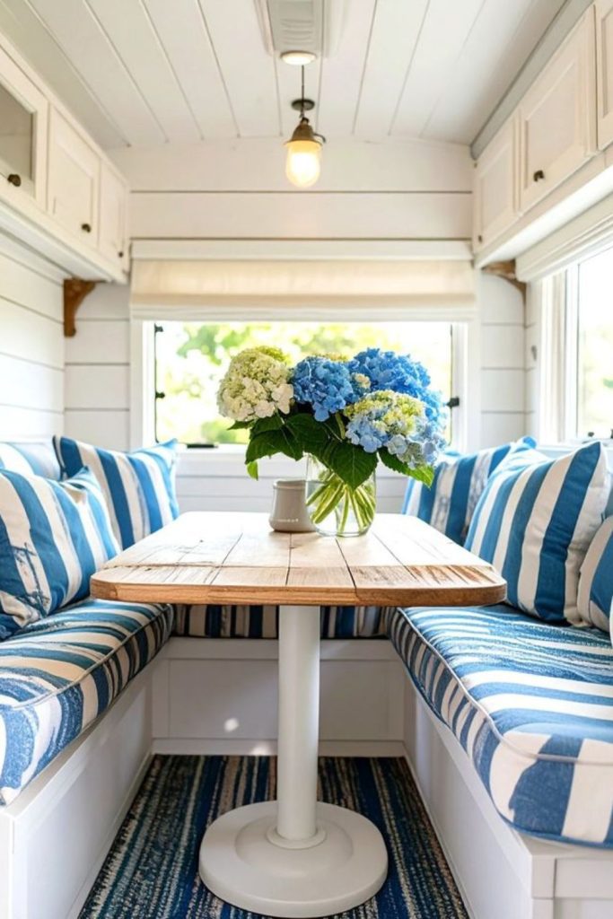 Coastal camper decor with airy blue tones.